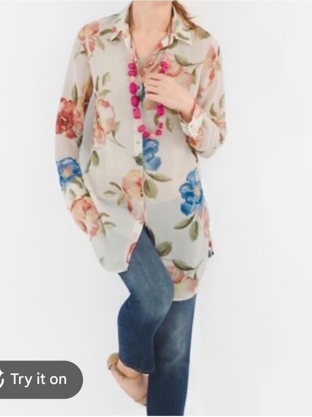 Chico's Black Label Floral Sheer Long Tunic Blouse long sleeves size XL?